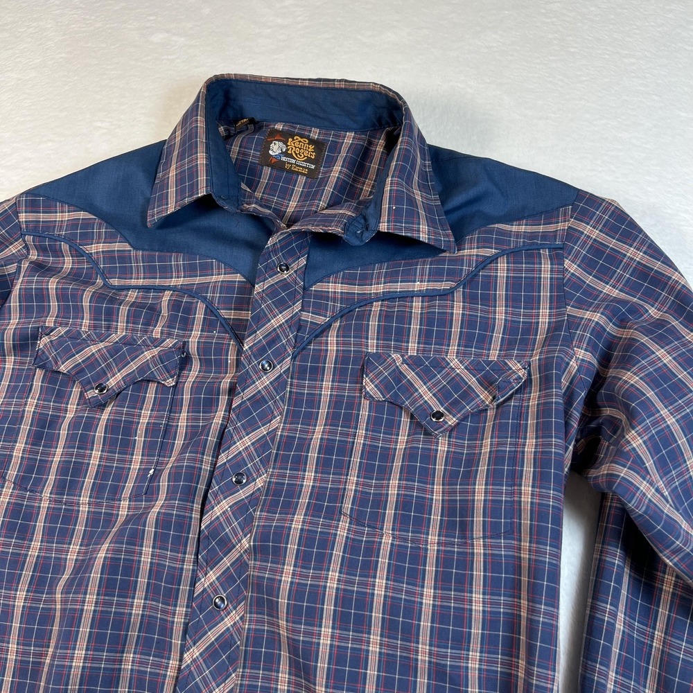Vintage Kenny Rogers Shirt Mens Large Blue Plaid Western Snap Long Sleeve USA